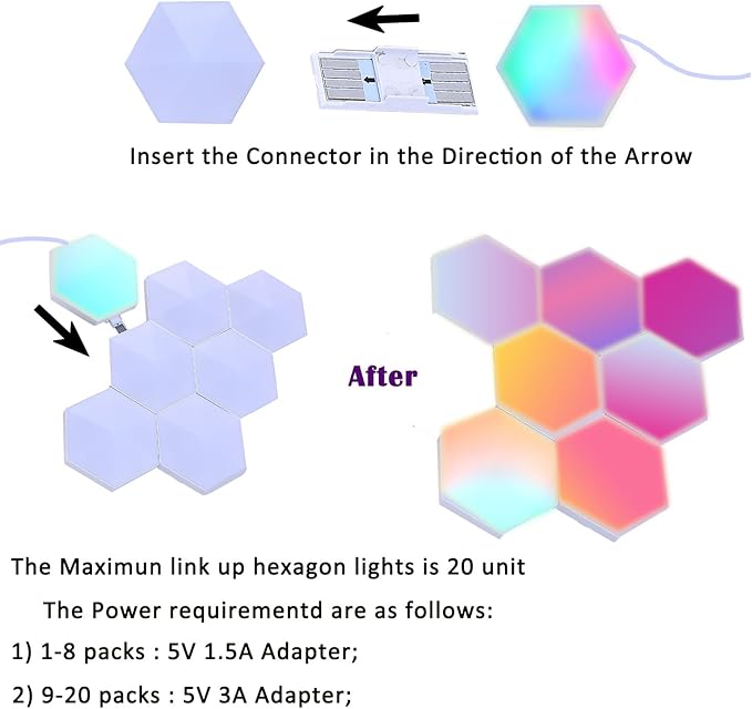 Smart Hexagon Lights DIY Hexagon Led Light App & Remote Controlled & Music Sync Features USB & Type C Modern RGB Wall Panels for Living & Gaming Decor (6Pack)