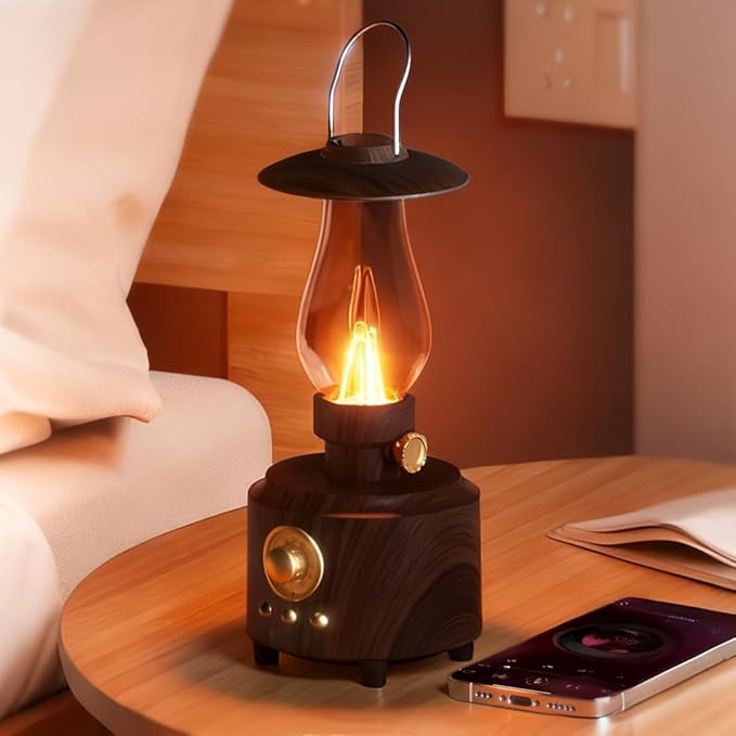 HomeBeyond Vintage Kerosene Table Lamp, Bedside Night Light with Bluetooth Speaker, Rechargeable Bedside Lights, IPX4 Waterproof Camping Lamp for Camping Party Holiday Home Decor Gift (Woodgrain)