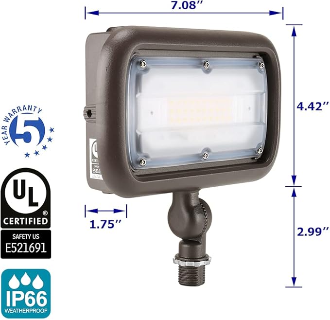 LED Flood Light Outdoor for Signs, 30W UL Listed Flag Pole Light, 3300 Lumen Floodlight, 5000K Daylight White, 1/2" Knuckle Mount, 120-277V Waterproof Security Lights, 5 Year Warranty