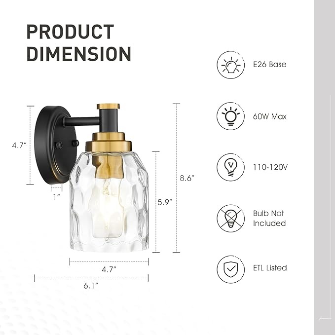 zeyu Wall Sconces Set of 2, 1-Light Bathroom Light Fixtures, Modern Vanity Light Wall Lamp with Water Ripple Glass Shade, Black and Gold Finish, ZG33B-2 BK+BG-WG