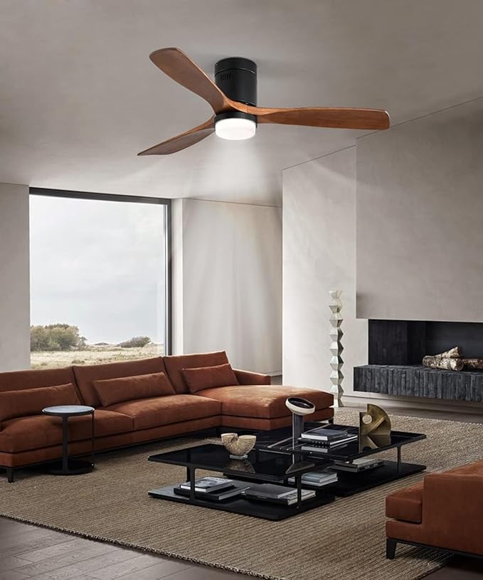 52 Inch Low Profile Ceiling Fans with Lights and Remote, 6-Speed Dimmable Outdoor Ceiling Fan with Light 3 Walnut Blades Wood Ceiling Fan with Timer, Reversible DC Motor for Patio Bedroom Farmhouse