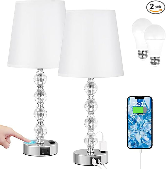 Acaxin Crystal Table Lamp Set of 2 for Bedroom/Living Room, 17.5in (White)