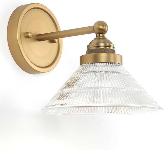 HEQIQEH Vintage Battery Operated Wall Sconce with Clear Ribbed Glass Shade, Dimmable Cordless Wall Lamp with Remote Control for Indoor Bedside, Hallway, Porch, Kitchen, Vanity Bathroom（1-Pack）