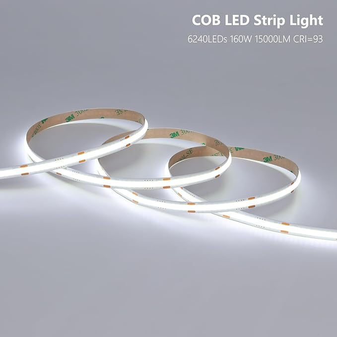 24V COB LED Strip Light 65.6ft (2 Rolls of 32.8ft) Kit, 6000K Cool White Cuttable 11W/M 312LEDs/M CRI 93 LED Tape Lights with Power Supply for Bedroom Kitchen Living Room Ceiling