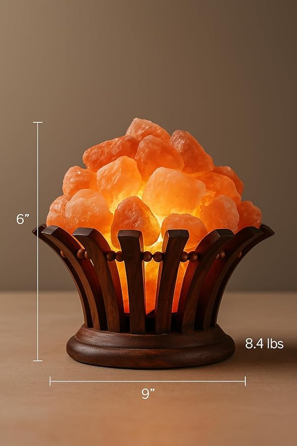 Himalayan Salt Lamp Basket – Salt Lamp with Wooden Bowl – Authentic Himalayan Crystal Night Light – Natural Pink Rock for Bedroom, Living Room, Office and Decor Gift