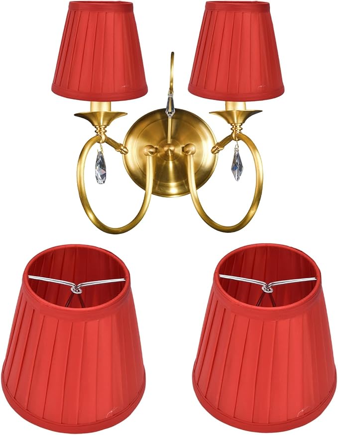 Small Lamp Shades Set of 2, 3.6x5.6x5.1 Inches Pleated Fabric Sconce Lampshades Modern Clip On Chandelier Shades Cover for E14 Bulb, Table Lamps, Floor Lamps (Red)