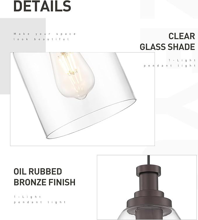 zeyu 2 Pack Farmhouse Pendant Light Fixtures, Industrial Hanging Light for Kitchen Island, Clear Glass Shade, Oil Rubbed Bronze Finish, ZG33M1L-2 ORB