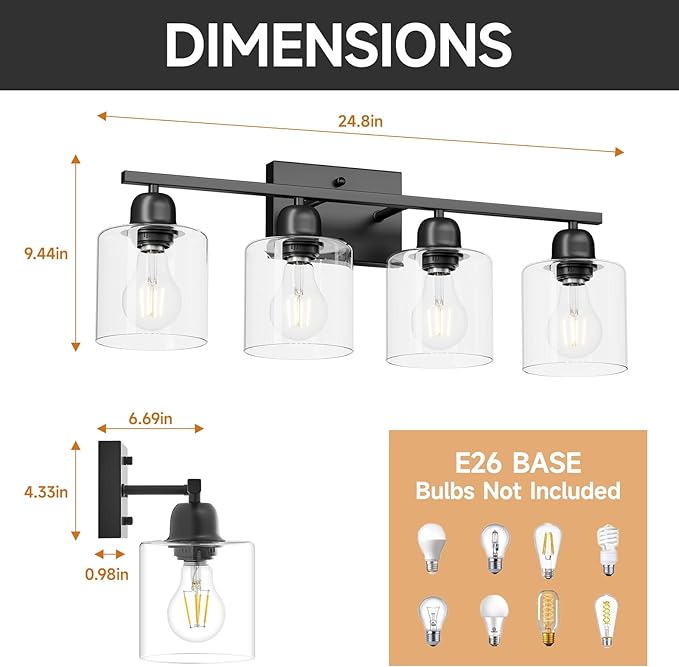 Modern 4 Light Bathroom Light Fixtures, 24 inch Bathroom Vanity Light with Clear Glass for Mirror Kitchen Living Room Hallway Cabinet Porch