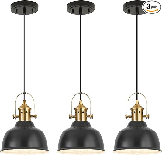 Farmhouse Small Pendant Lights, Black Pendant Lighting for Kitchen Island, lndustrial Adjustable Height Hanging Light for Barn, Dining Room, 3 Pack