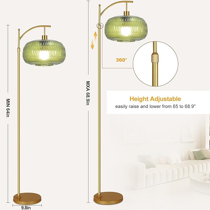 Green Floor Lamp for Living Room,Bedroom,Gold Dimmable Standing Lamp with Remote,Mid Century Modern Brass Tall Lamp Boho Floor Lamps Arc Stained Glass Floor Light Lamp Girls Bohemian