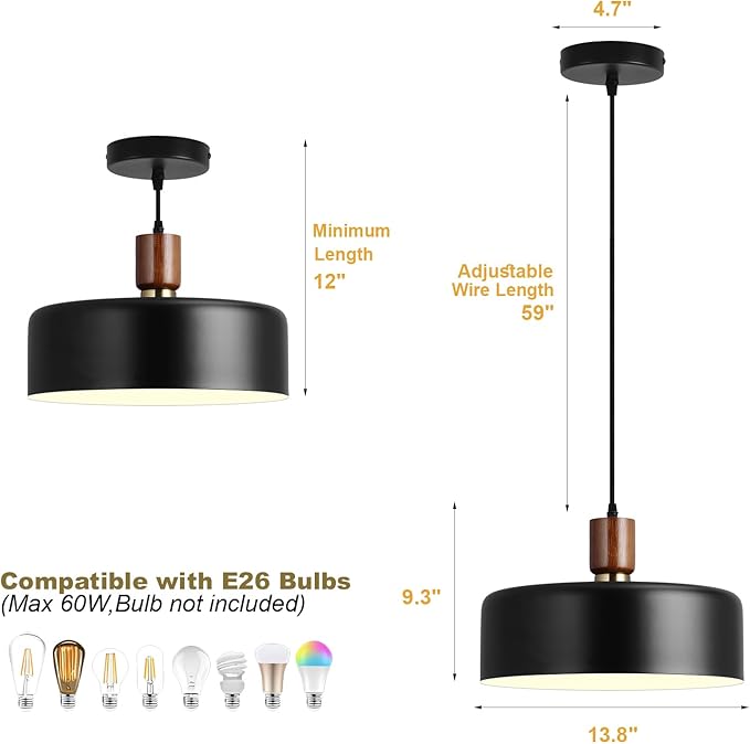 Modern Solid Wood Pendant Lights,13.8" Large Hammered Vintage Chandeliers,Black Finish Hanging Lighting Lamp,Industrial Drum Ceiling Light Fixtures for Dining Room,Kitchen Island, Farmhouse
