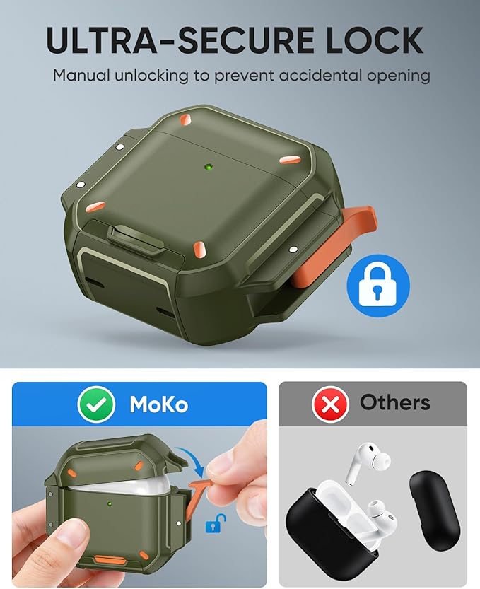 MoKo for AirPods 4th Case with Lock - IP68 Waterproof & Military-Grade Protection, Drop-Proof Hard Shell Protective Earpods 4 Cover with Keychain, Cleaner Kit & Phone Stand, Army Green