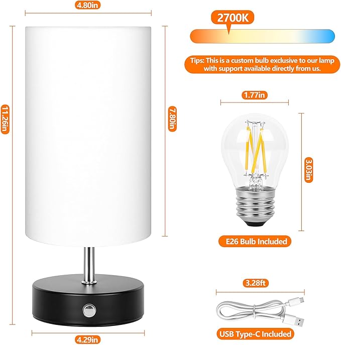 Black Cordless Table Lamp Rechargeable, 6000mAh Battery Operated Bedside Lamps, Portable LED Desk Lamp with Stepless Dimming, Wireless Lamp with White Shade, Modern Touch Small Night Light for Bedroom