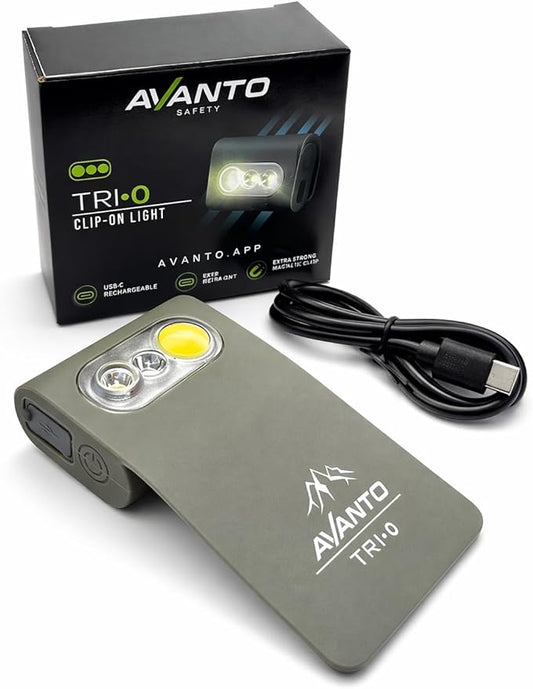 AVANTO TRI-O Clip-On Safety Light, Rechargeable USB-C 3-Beam XPG + COB + LED, Magnetic Mount, Ultra-Bright 500 Lumens for Running, Walking, Cycling & Outdoor Visibility