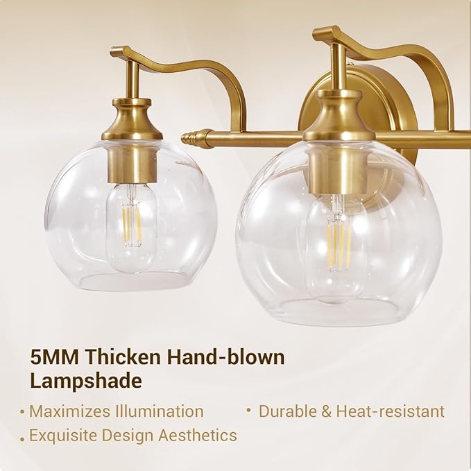 ANDY STAR 2 Light Bathroom Vanity Light, Brushed Gold Bathroom Light Fixtures, Wall Lighting with Clear Globe Glass Shades, Brass Wall Sconce for Living Room, Bedroom, Hallway