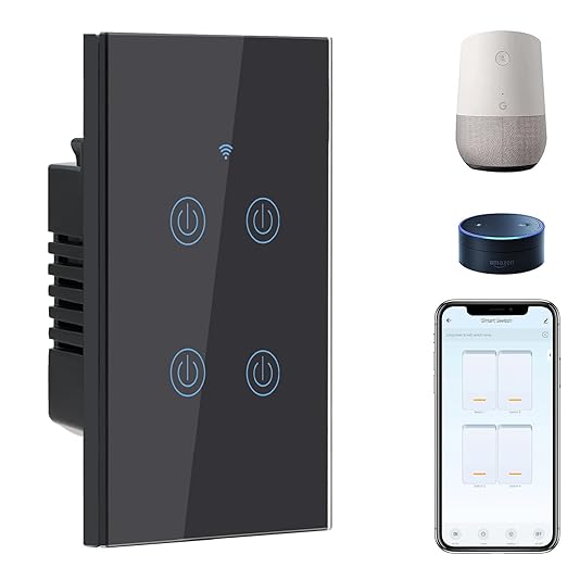 BSEED Smart Light Switches, 4 Gang Alexa WiFi Switch with Smart Life App Control and Timer Function, Black Touch Single Pole Switch Compatible with Alexa and Google Assistant