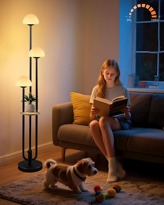 Lightdot Black Dimmable Floor Lamp with Table, Modern Floor Lamps for Living Room, 3000K Warm Lights Tall Standing Lamp with Mushroom Shades & Bulbs Included for Bedroom/Sofa Beside/Corner Decor