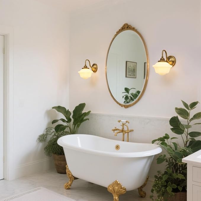 Pathson Vintage Wall Sconce with Milk White Glass, Hardwired Gooseneck Wall Vanity Light Bathroom Sconce Fixture for Living Room, Foyer, Loft, Bedroom, Farmhouse Lamp