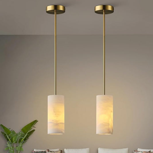 Alabaster Pendant Light for Kitchen Island, H-9.5in Modern Brass Hanging Light Fixture with Natural Alabaster Stone Shade, Adjustable Pendant Lighting Over Sink, Dining, Bar, Counter