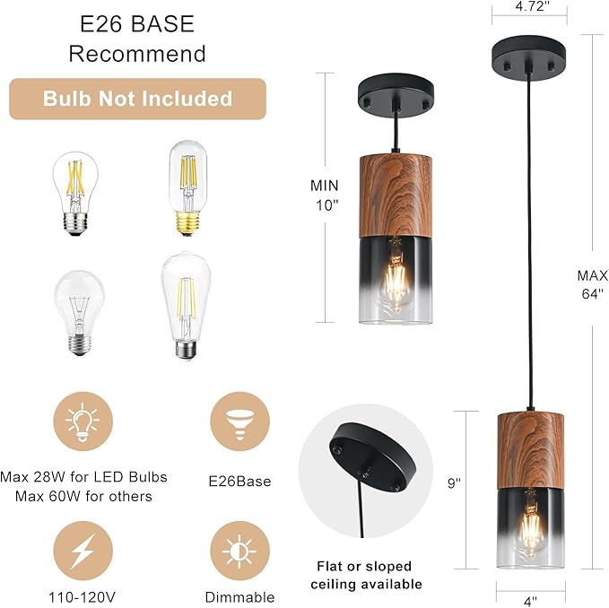 2-Pack Modern Pendant Lights for Kitchen Island, Adjustable Black Pendant Light Fixtures with Brown Wood Grain, Industrial Glass Pendant Lights for Dining Table Hallway Bedroom Living Room