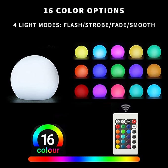 LED Glowing Ball Light, 10-Inch Cordless 16 Color Changing and 4 Light Modes Kids Night Light, Rechargeable and Dimmable Mood Lamp with Remote Control, Perfect for Home Yard Accent Decor