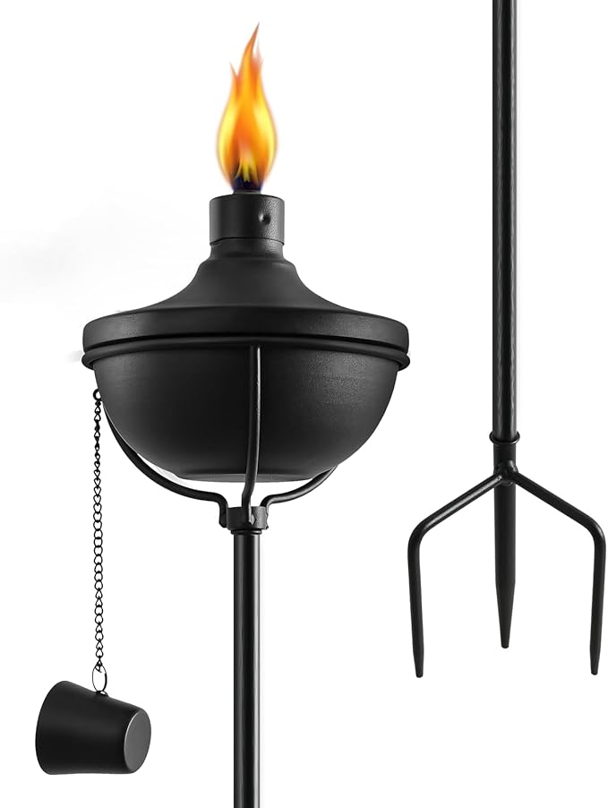 24 Oz Home Garden Torch , 1 Pack Outdoor Metal Torch Garden Décor ,55-Inch Upgraded Citronella Torches with 3-Prong Grounded Stake , Metal Light Torches for Party Patio Pathway