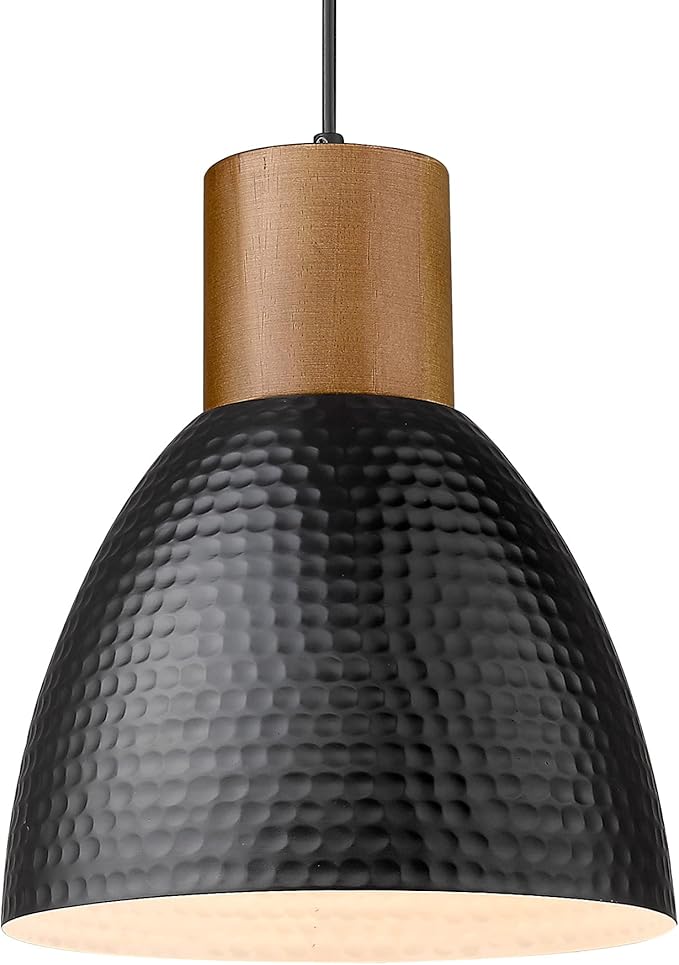 ELYONA Hammered Pendant Light, 10.2” Industrial Hanging Lamp with Solid Wood & Metal Shade, Modern Pendant Light Fixtures for Kitchen Island, Bar, Farmhouse Dining Room, Bedroom, Living Room, Black