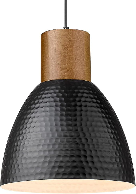 ELYONA Hammered Pendant Light, 10.2” Industrial Hanging Lamp with Solid Wood & Metal Shade, Modern Pendant Light Fixtures for Kitchen Island, Bar, Farmhouse Dining Room, Bedroom, Living Room, Black