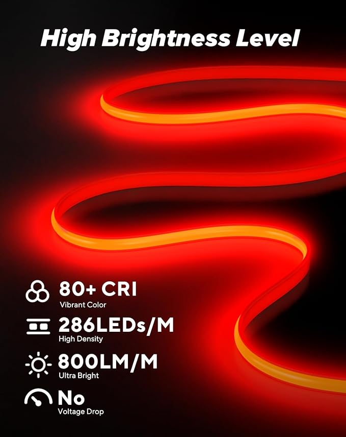 Shine Decor COB LED Rope Light AC 120V, 800lm Ultra Bright, IP65 Waterproof Cold-Resistant ETL Neon Strip, No Driver Tape Lighting for Home Commercial 10x4.5mm, Red, 32.8ft