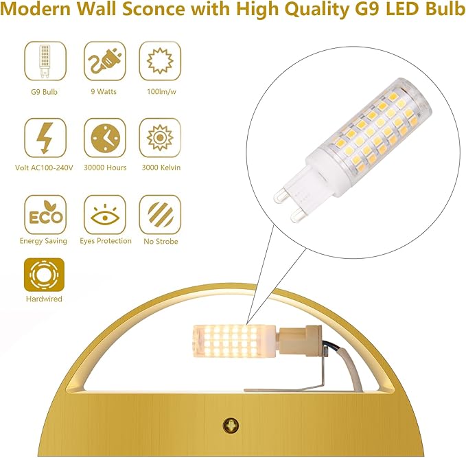 Aipsun 2 Pack Brushed Gold Wall Sconce Indoor Wall Lights Hardwired Up and Down Wall Mount Light for Living Room Bedroom Hallway Corridor Conservatory Warm White 3000K(with G9 Bulbs)