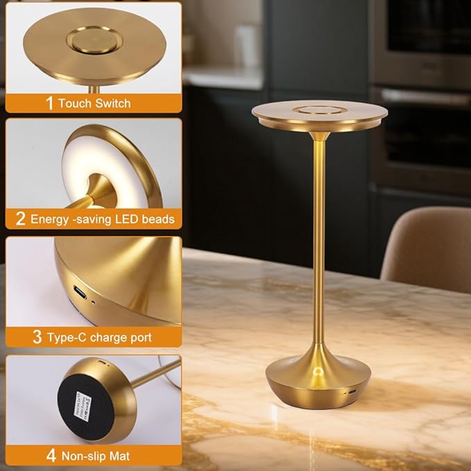 LED Cordless Table Lamp Rechargeable,Portable 6000mAh Battery Outdoor Bedside Table Lamps,3 Color Stepless Dimming Touch Battery Powered Lamp, Table Light for Restaurant/Patio/Camping/Bedroom(Gold)
