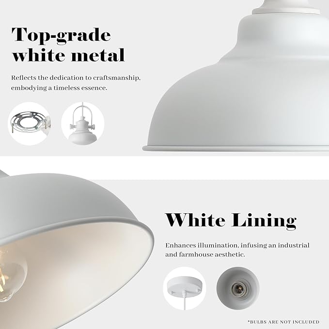 White Pendant Lights, 11.4 Inch White Dome Pendant Lights, Metal Pendant Light Fixture, Industrial Farmhouse Pendant Light 1 Pack, Island Pendant Lights for Kitchen, Dining Room, Bedroom