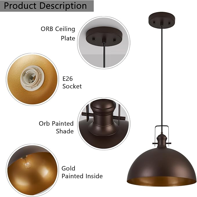 18 Inch Large Pendant Lights for Kitchen Island Matte ORB Farmhouse Pendant Light fixtures Adjustable Height Dome Hanging Light for Dinning Room Bedroom Hallway,1 Pack