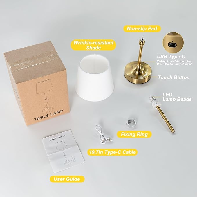 Kakanuo Rechargeable Cordless Table Lamp Gold - 1 Pack Brass 4000mAh Battery Operated Lamp, Touch Control Stepless Dimming, for Home Decor, Dining Table, Living Room, Bedroom