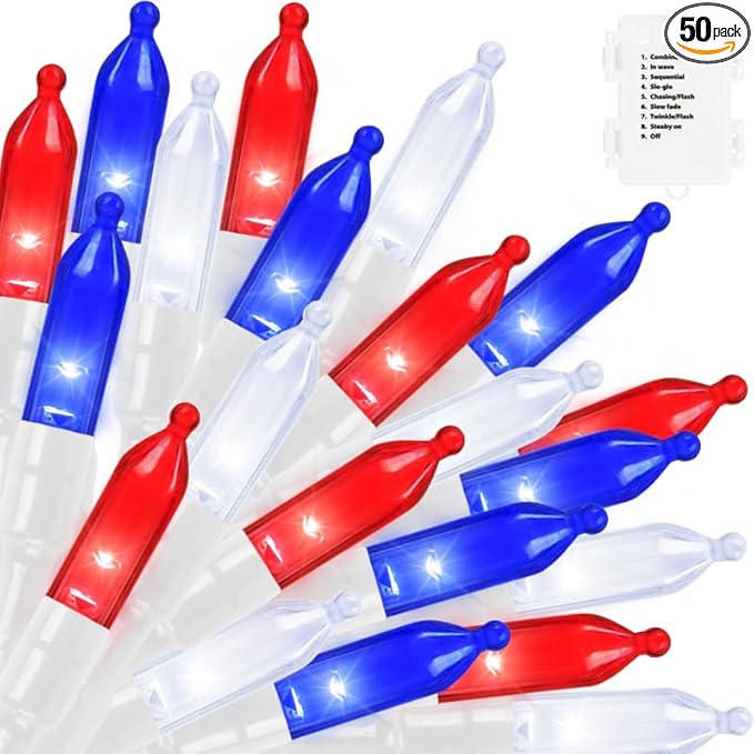 LAMPHOME 50 LED Outdoor Red White Blue Patriotic Lights, 16 FT Mini String Light with 9 Modes & 6 Hour Timer, Waterproof Battery Operated for Independence Day Holiday Memorial Day Party Decor