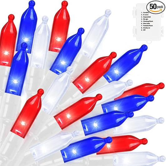 LAMPHOME 50 LED Outdoor Red White Blue Patriotic Lights, 16 FT Mini String Light with 9 Modes & 6 Hour Timer, Waterproof Battery Operated for Independence Day Holiday Memorial Day Party Decor