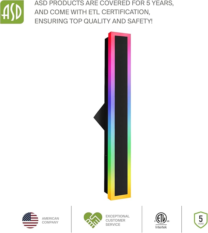 ASD LED 24" Long Wall Mount Light Fixture, Outdoor & Indoor Linear Sconce | RGBW, Smart, Waterproof, Anti-Rust, ETL Listed | 18W 900LM 2700-6500K 100-277V | Exterior Porch Lighting | Black, 2 Pack