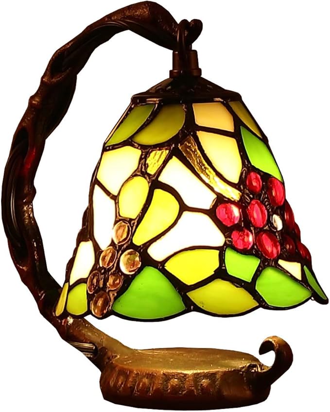 Bieye L10035 Grapes Tiffany Style Stained Glass Table Lamp with 6-inch Wide Lampshade Hanging on The Base (Green)