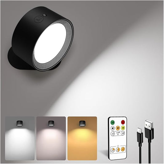 LED Wall Mounted Lights, Rechargeable Wall Sconces Lamp, 3 Color Temps & Remote and Touch, 360°Rotation Dimmable Cordless Wall Light for Study Bedroom Reading Bedside(Black, 1 Pack)