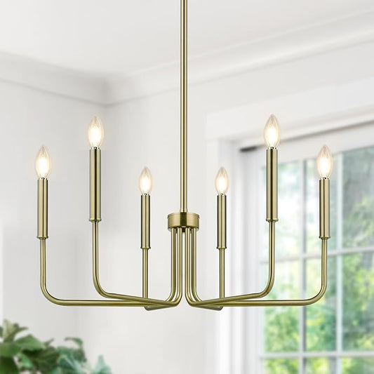 Lynnoland Brass Chandelier, 6-Light Farmhouse Chandeliers for Dining Room Lighting Fixtures Hanging, Vintage Candle Pendant Light Light Fixture for Bedroom, Kitchen, Foyer and Living Room