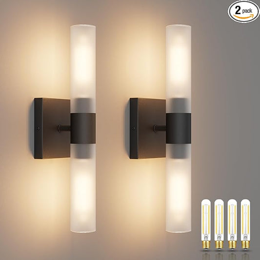 Black Wall Sconces Set of Two,15.7in Dimmable Hardwired LED Sconce Lighting Modern Indoor Vanity Sconce with Frosted Glass Shade for Bathroom Hallway(Bulbs Included)