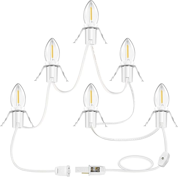 Accessory Cord with 6 LED Light Bulb Christmas Village Lights 11.8ft C7 Lamp Village Light Cord with Switch & Spare Fuse for Salt Lamp, Halloween Pumpkin, Xmas Village House Blow Mold