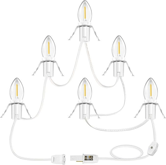 Accessory Cord with 6 LED Light Bulb Christmas Village Lights 11.8ft C7 Lamp Village Light Cord with Switch & Spare Fuse for Salt Lamp, Halloween Pumpkin, Xmas Village House Blow Mold
