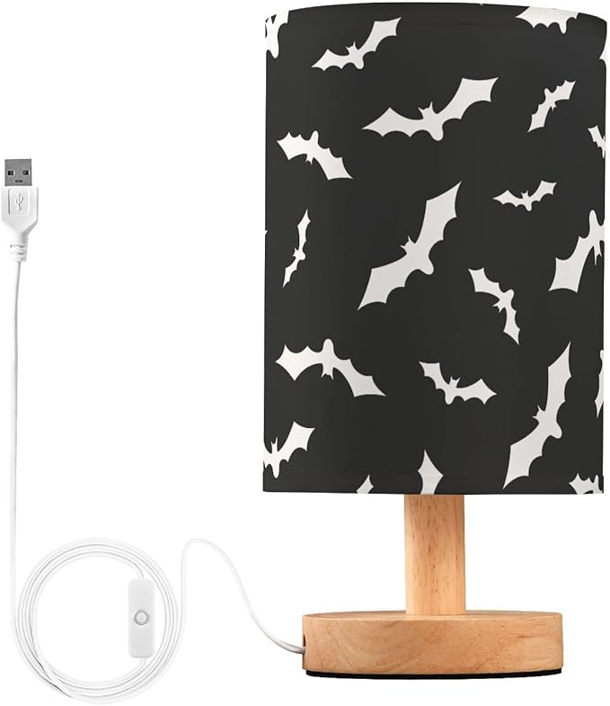 Bedside Table Lamp Bat Halloween Black Nightstand Lamp with Wood Desk Lamps for Bedroom Living Room Nursery Office Home Decor