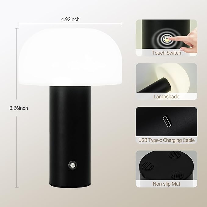 Cordless Mushroom Table Lamp Rechargeable,4000mAH Portable Battery Operated Lamp,3 Color Stepless Dimming Modern Lamps for Bedside Lamps,Touch Dimming Night Light for Home/Restaurant Black