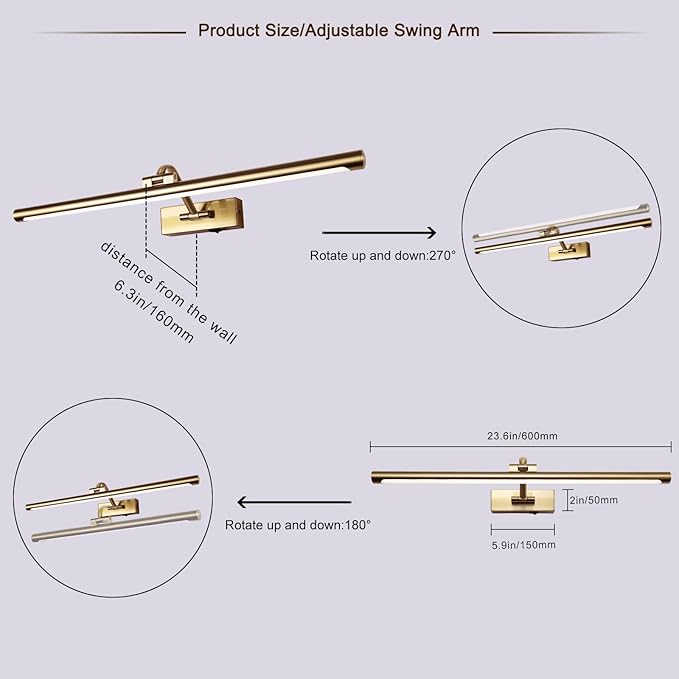 5W LED Wireless Picture Lights with Remote and Timer 23.6 Inch Rechargeable Brass Gallery Lighting Battery Operated Art Lights Over Frame Portrait