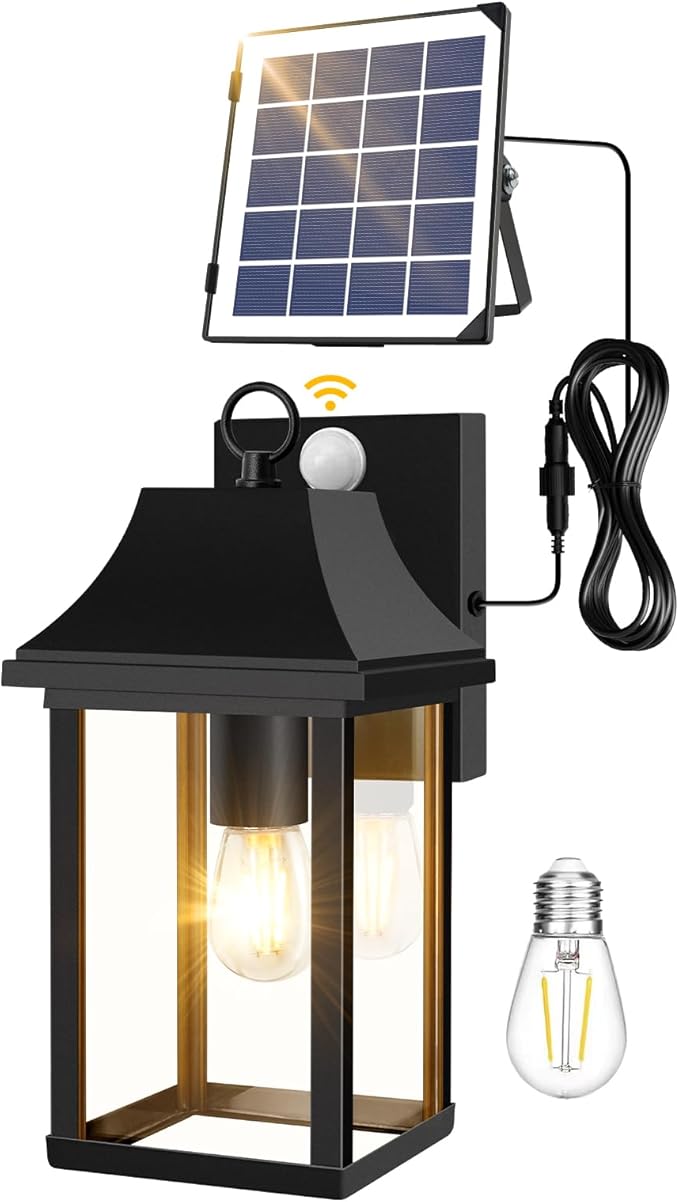 OKELI Porch Lights Outdoor Dusk to Dawn Motion Sensor Solar Wall Lantern Separate Panel & Battery Replaceable Exterior Waterproof Wall Sconce Lighting Lamp (Black A, 1 Pack)