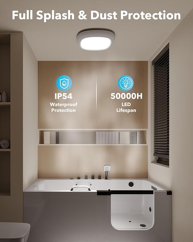 2 Pack IP54 Waterproof Rechargeable Shower Light Indoor, 12000mAh Motion Sensor Wireless Ceiling Light with Remote No Wiring, Battery Operated Closet Lights Cordless LED Overhead Lighting for Bathroom