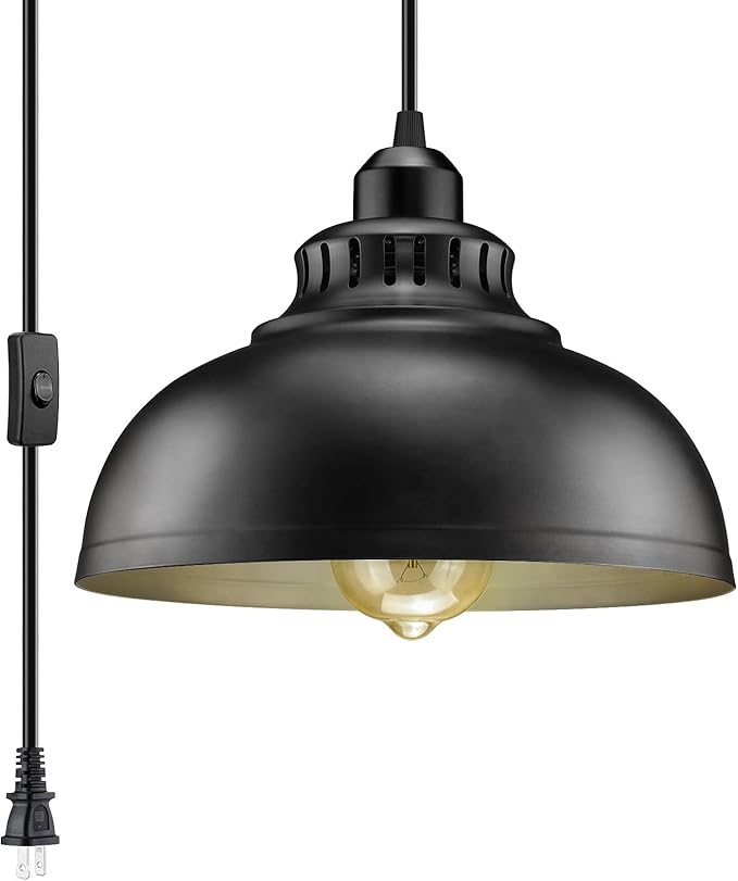 Plug in Pendant Light, 15FT Hanging Lights with Plug in Cord, On/Off Switch, Industrial Pendant Light with Plug in Cord, Metal Hanging Lamps for Living Room, Kitchen