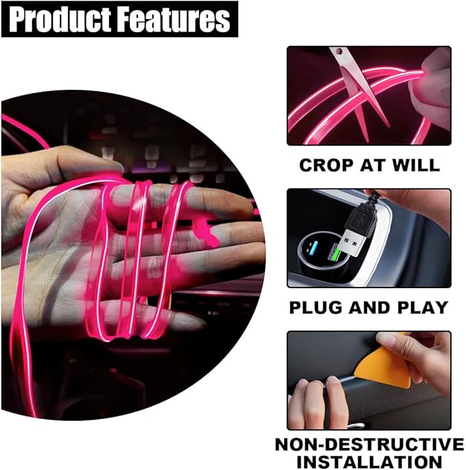 EL Wire Interior Car LED Strip Lights, USB Car Neon Light Strip with Sewing Edge, 16FT Neon Light 5V with Fuse Protection, Electroluminescent Car Indoor Decorations (Pink)
